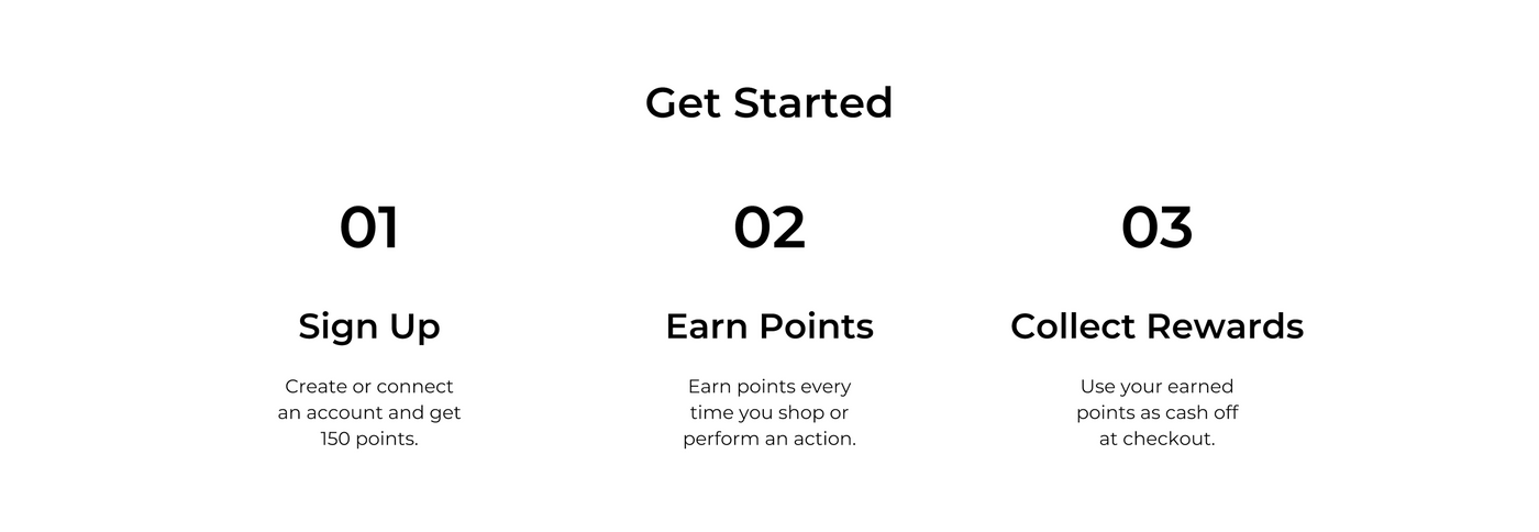 get started: step 1 - sign up and get 150 points automatically. step 2 - earn points when you shop or perform an action. step 3 - redeem earned points as cash off at checkout